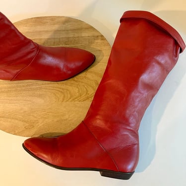 Vintage 90s Red Genuine Leather Made in Brazil Pull on Mid Calf Boots Size 8 