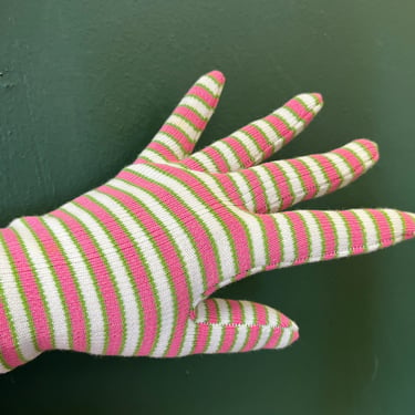 pink striped gloves 1960s pink, white and green wrist length 