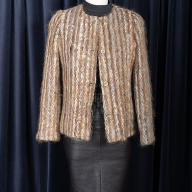 Vintage 80s Christian DIOR Gorgeous Brown Woven Mohair Lined Jacket Sweater 