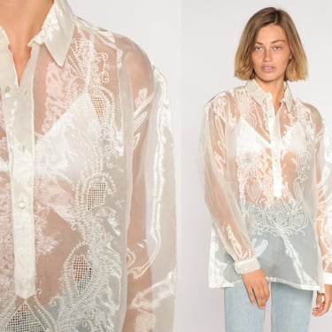 Sheer Organza Blouse Y2k Off White Floral Embroidered Cutout Top Boho Button Up Shirt Formal Party Long Sleeve Romantic Vintage 00s Medium M 