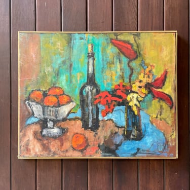 1950s Modernist Oil Painting on Board, Still Life with Wine Bottle, Signed BUCK 