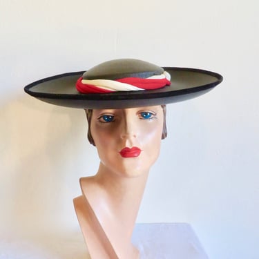 1950's Black Wide Brim Finely Woven Straw Pancake Hat Red and White Ribbon Trim 50's Millinery Spring Summer 