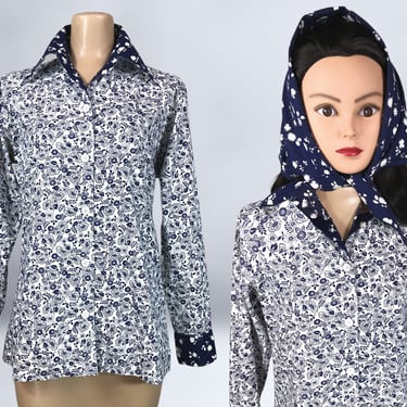 VINTAGE 70s Butterfly Collar Navy Floral Blouse and Head Scarf Set by Neiman Marcus | 1970s Button Down Dress Shirt and Kerchief | VFG 