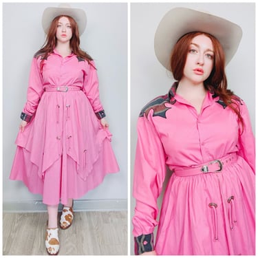 1980s Vintage Western Collection Pink Western Set / 80s / Eighties Concho Serape Shirt and Prairie Skirt / Size XL 