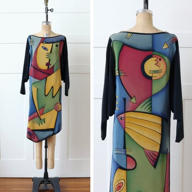 vintage 1980 90s hand painted silk dress • abstract modernist art tunic with dolman sleeves • OOAK art to wear garment 