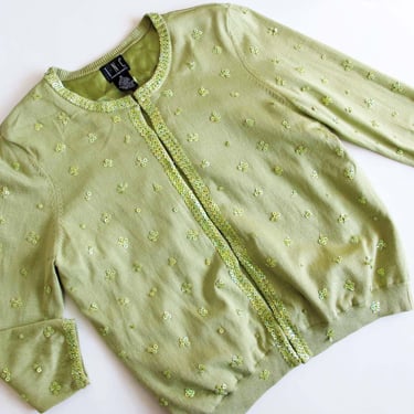 Vintage 2000s Sequin Beaded Silk Cardigan S - Y2K Light Green Pastel Crewneck Sweater 