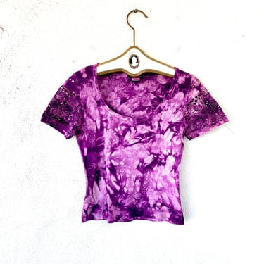 Vintage 90s Babydoll Rave Cutout Top Purple Tie Dye Cropped Shirt 