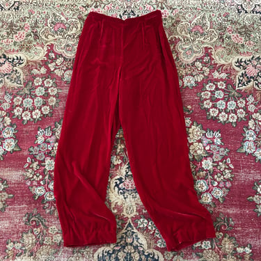 Lipstick red rayon & silk velvet pants, vintage ‘80s Raphaella velvet trousers, S 