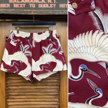 Vintage 1940’s “Malihini” Asian Cranes Tiki Silky Rayon Hawaiian Swim Trunks, Vintage Hawaiian Shirt, 1940’s Shirt 