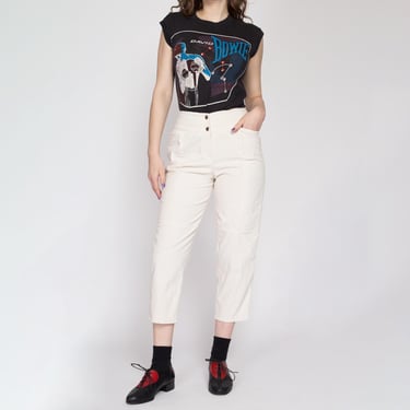 XS 80s White Corduroy Capri Pants | Vintage High Waisted Retro Cropped Ankle Trousers 
