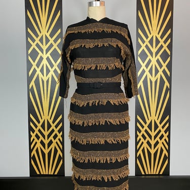 1950s wiggle dress, button back, wool fringe, vintage 50 dress, size small, black and brown striped, 26 waist, mrs maisel style, madmen 