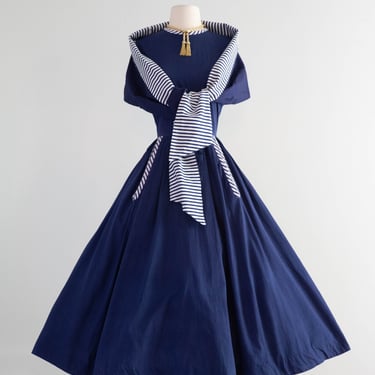 Wonderful Early 1950's New Look Era Navy Cotton Dress With Pockets & Shawl / M