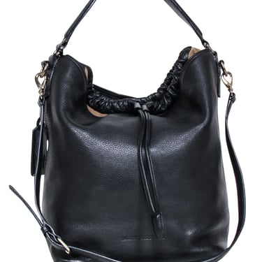 Burberry - Black Leather Large Bucket Bag w/ Signature Plaid Trim