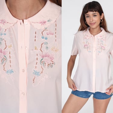 Floral Embroidered Blouse 80s Baby Pink Cut Out Floral Top Peter Pan Collar Short Sleeve Button up Summer Shirt Cutout Vintage 1980s Small 