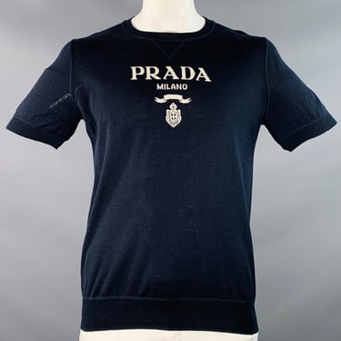 PRADA Size L Navy White Logo Cashmere Wool Jersey Short Sleeve Crew Neck Pullover