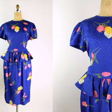 80s Tulips Blue Peplum Dress/ 1980s Dress / Colorful Dress / 80s Floral Dress / Size S/M 