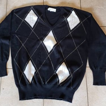 Vintage 80s/90s Black/White Clark & Gregory Argyle Cotton V neck Golf Sweater  L 