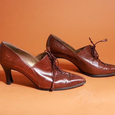 90s Caramel Brown Oxford Lace Heels Vintage Statement Stuart Weitzman Designer Heels 