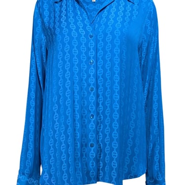 L'Agence - Blue Chain Link Print Satin Shirt Sz L