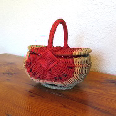 Vintage Watermelon Basket God's Eye Butt Basket Dual Lid 