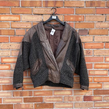 vintage 80s brown tweed and leather cropped jacket / s m small medium 