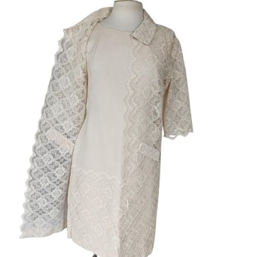 Vintage 60s Cream Lace Dress + Coat Ensemble Bridal Wedding 