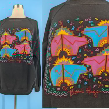 Vintage 80s XL 1989 Bear Hug Black Graphic Print Pullover Sweatshirt 