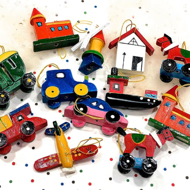VINTAGE: 13pcs - Mixed Wooden Ornaments - Cars Trains Trucks Planes Horse Windmill House - Holiday, Christmas - Crafts 