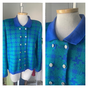 Vintage 1980s Bold Knit Cardigan | Size Large | Retro Blue & Green Geometric Sweater | Double-Breasted Statement Knitwear 