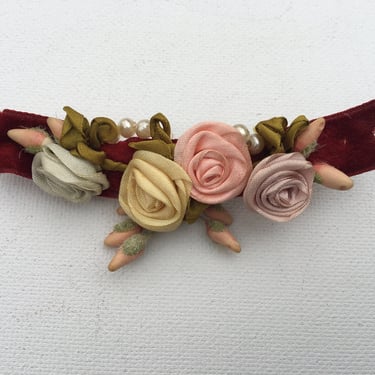 Vintage Silk Rose And Pearl Bar Brooch, Hand Made, Mini Pastel Rosettes And Velvet, Center Of Collar, Wedding Hairpiece Embellishment Pin 