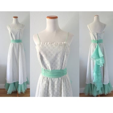 70s Party Dress Maxi Formal Prom White Eyelet Lace Pastel Mint Green Small 