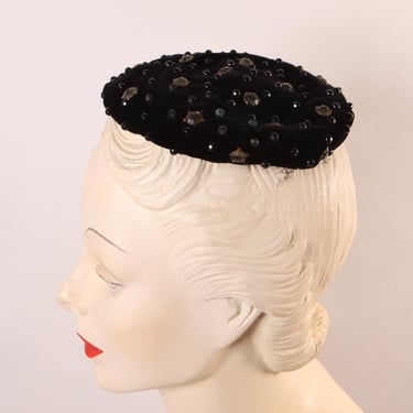 1950s Black Velvet Prong Rhinestone Fascinator Mini Hat by Miss Sally Victor 