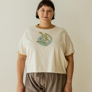 Bird Print T-Shirt, Organic Cotton Raglan, Boxy Crop Top Genderless Shirt 