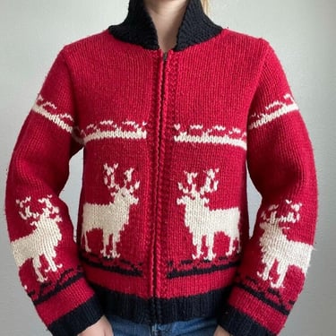 Vintage Womens Hand Knit The Limited Y2K Reindeer Christmas Cowichan Cardigan 