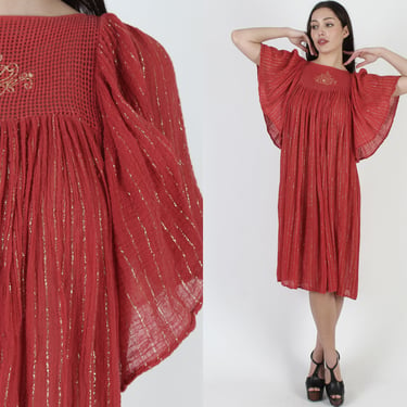 Red Angel Sleeve Gauze Dress, Thin Gold Metallic Threads, Batwing Crochet Trim, Vintage Kimono Festival Grecian Maxi 