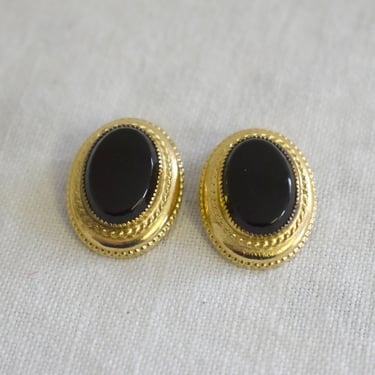 1950s Whiting and Davis Black Glass Oval Clip Earrings 