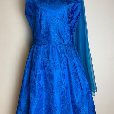 Vintage 60s Electric Blue Brocade Floral Full Skirt Dress, Size Large 