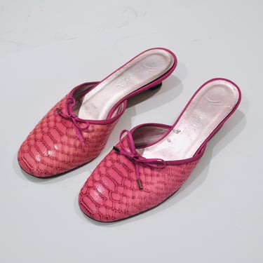 90s Vintage Pink Mules Shoes Slides Snake Print Pink Kitten heel Slides 6 1/2 Vintage Pink Snake leather Shoes 6 1/2 Rangoni Made in Italy 