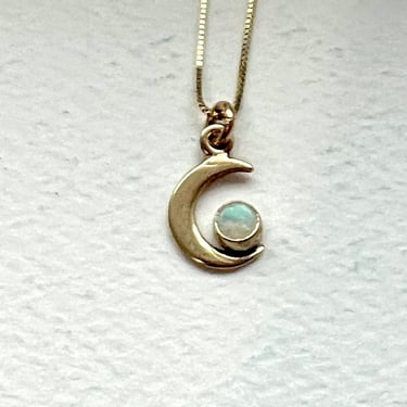 14k Gold Opal Moon Tiny Pendant Australian Opal Crescent Moon Charm on 16" 14k gold chain 