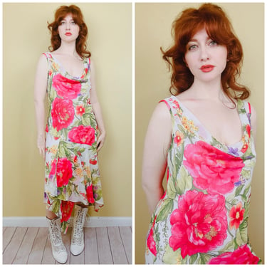 Y2K Poly Rayon Pink Floral Bias Cut Dress / Vintage Draped Neck Tank Fairy Dress / Size XL 