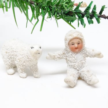Vintage Snow Baby with Polar Bear, Tiny Antique Snowbabies, Antique Retro Christmas Decor 