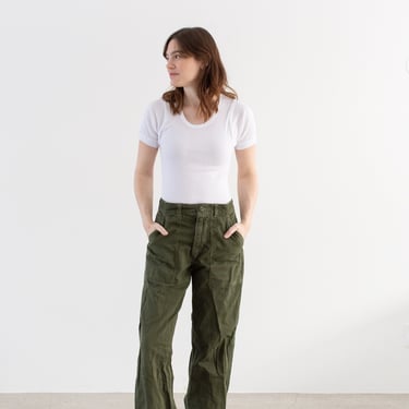 Vintage 28 Waist Olive Green Army Pants | Unisex Utility Fatigues Military Trouser | Zipper Fly | F483 