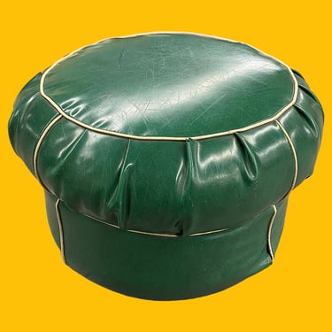 Vintage Ottoman Retro 1960s Mid Century Modern + Green Vinyl + Round Shape + White Trim + Pouf + MCM Furniture + Extra Seating + Footrest 