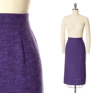 Vintage 1950s Pencil Skirt | 50s Purple Wool High Waisted Secretary Wear to Work Pin Up Wiggle Skirt (small) 