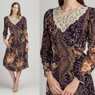80s Lace Collar Floral Midi Dress - Small | Vintage Long Sleeve Peplum Fitted Waist Grunge Dress 