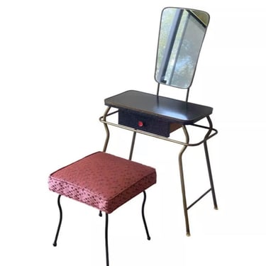 Vintage mid century modern 1950s kitsch vanity stool wrought iron brass mirror 