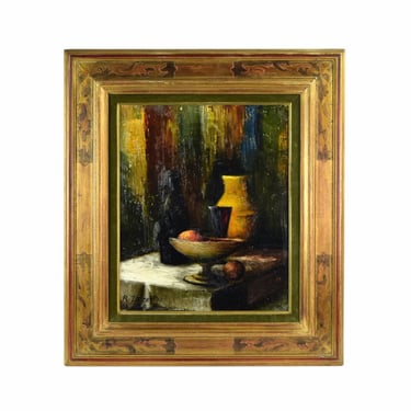 R. J. Bizet 1966 French Mid Century Still Life Oil Painting Vases w Fruit 