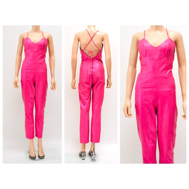 2000s Y2k Pink Leather Jumpsuit Cat Suit Pink Leather Lace up Sexy Jumpsuit By Micheal Hoban North Beach Leather Size XS Small 