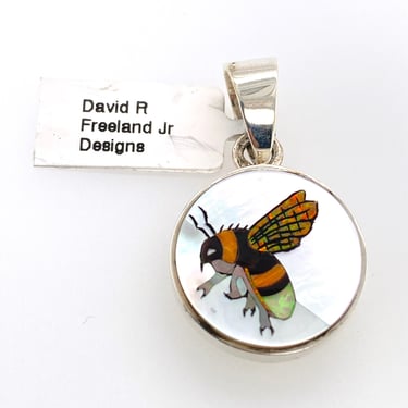 David R Freeland Jr Artisan Multi Stone Inlay BEE Insect Pendant Sterling Silver 