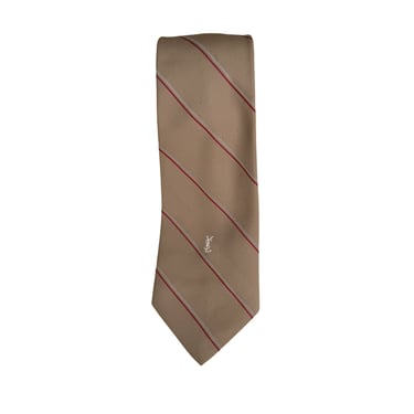 Yves Saint Laurent YSL Vintage Mens Beige Silk Red & White Stripes Tie Necktie